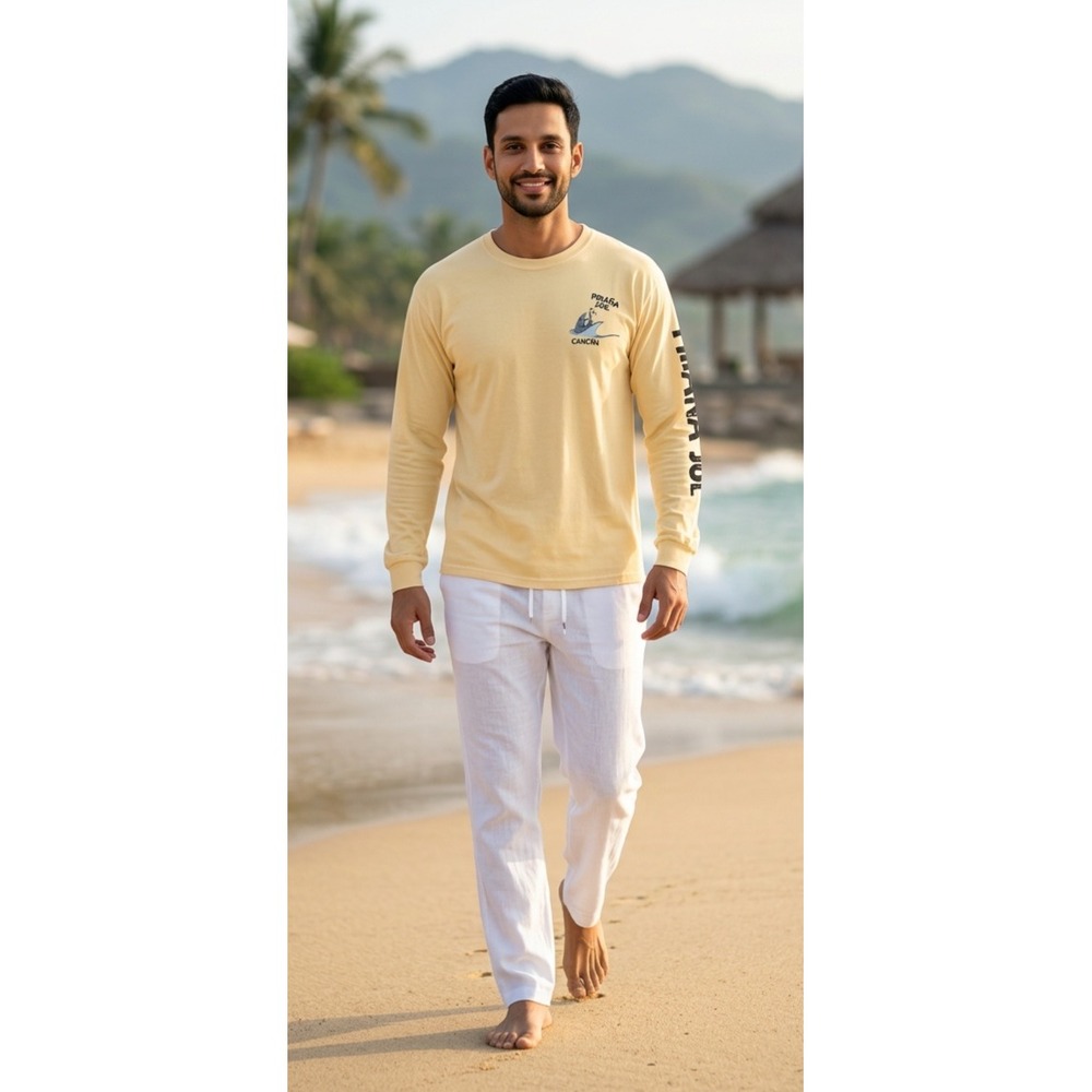 Pirana Joe Long Sleeve T-Shirt Mens 2XL Yellow Cancun Mexico Graphic Resortwear